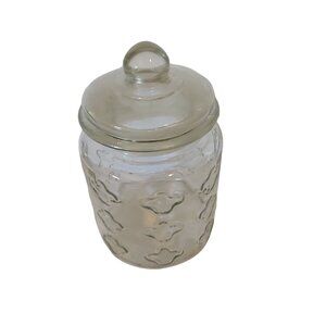 Vintage Embossed Glass Jar With Lid 8 Inches Tall Decorative Storage Container